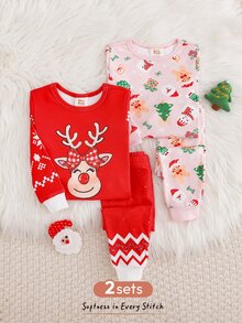Cozy Pixies 嬰兒/幼兒可愛舒適新年聖誕馴鹿卡通雪人聖誕樹聖誕老人圖案長袖上衣 + 長褲貼身居家服2件套（4件裝） - 彩色 - 查看 4