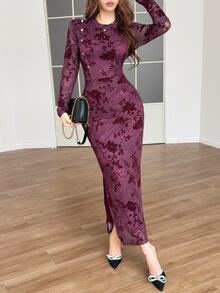 Feyla Gaun Wanita Elegan High-End Desain Baru Cheongsam Modifikasi Motif Cetak Flocked Vintage - Burgundy - View 4