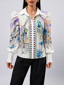 Aveloria Modichic 女款繪畫印花鈕扣開襟長袖襯衫 - 紫色 - 查看 6