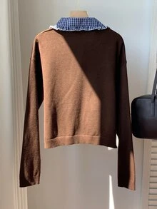 Comfortcana Winter Holiday Cottagecore Knitwear For Cafe Date Night Featuring Blue Plaid Patchwork Contrast And - Brown - View 2