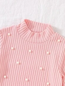 Young Girl Pink Rib-Knit Beaded Pearl Dress Autumn Winter Mock Neck Long Sleeve Sweater Dresses - Pink - View 8