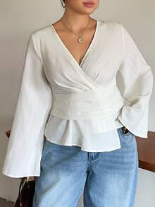 Dazy Plus Fun Commute Tie Asymmetrical Hem V-Neck Spring Autumn New Long Sleeve Shirt - Apricot - View 8