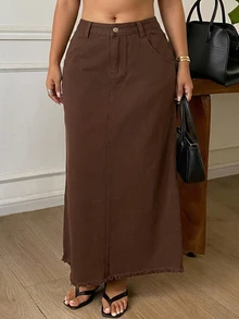 Dazy Plus Autumn/Winter High Waist Straight Long Solid Brown Minimalist Casual Denim Skirt - Brown - View 4