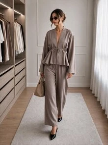 Easowa Women's Solid Color Pleated Long Sleeve Top And Pants Casual Daily Two Pieces Set - Khaki - View 1