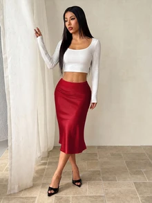 SHEIN PETITE 黑色高腰純色緞面質感裙，適合舞蹈與日常穿著 - 紅色 - 查看 3