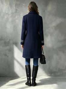 SHEIN معطف طويل بأسلوب عسكري بريطاني عتيق مع شريط زخرفي، أزرار فضية متعددة الصفوف، معطف تنقل متعدد الاستخدامات بخصر مشدود - أزرق بحري - مشاهدة 2