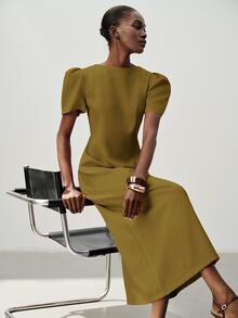 Aveloria Modichic Solid Puff Sleeve Longline Dress Office Tea Party Olive Green Summer Elegant Minimalist - Green - View 1