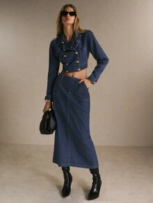 Poéselle Women's Cropped Double Breasted Denim Jacket With Gold Buttons And Notched Lapel, Elegant - Dark Wash - View 7