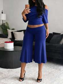 BamGleam Hot Style White Asymmetrical Shoulder Cropped T-Shirt + Wide Leg Capris Pants Set, Casual Sexy Style Two Pieces Outfit - Blue - View 5