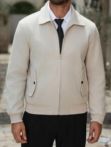 Manfinity Homme 男士 2026 春夏卡其色領口拉鍊哈靈頓夾克，透氣棉質面料修身版型 - 杏色 - 查看 4