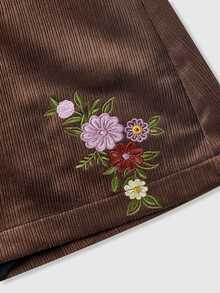 ROMWE Vintage Hippie Embroidered Brown Corduroy A-Line Skirt - Brown - View 4