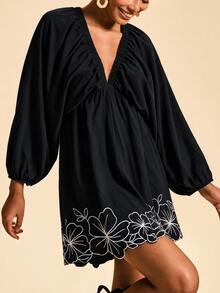Travachic Women's Pattern Print High Waist Long Sleeve Mini Dress - Black - View 7