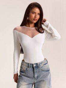 SHEIN BAE Autumn/Winter Solid White Ribbed Knit Long Sleeve Sheer Patchwork Women's Bodysuit - White - View 7
