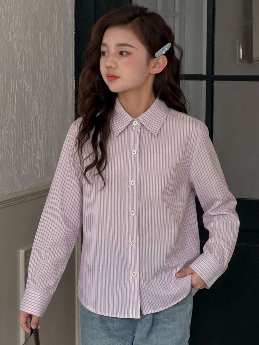 Dazy Kids Tween Girl) Striped Casual Collared Long Sleeve Autumn/Winter Basic Loose Shirt - Purple - View 1