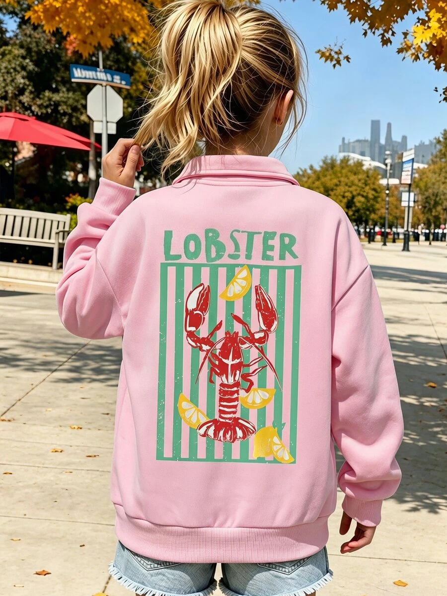 SHEIN 少女女孩秋冬休閒度假風粉色字母龍蝦圖案圓領套頭寬鬆抓絨運動衫 - 紅色 - 查看 1