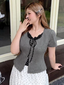 Bijouette Zanying Summer Plus Size Black And White Casual Elegant Sexy 2 In 1 Top Contrast Color Frill Trim Patchwork Polka Dot Inner Design Birthday - Grey - View 8