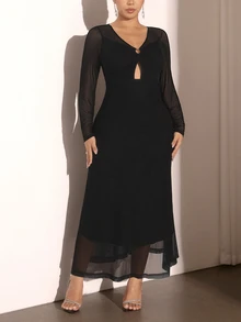 Cravure Plus Size Elegant Hollow Circle Mesh Sheer Long Sleeve Fitted Dress - Black - View 5