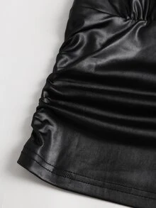 Sweetra Women's Black PU Leather Spaghetti Strap V-Neck Ruched Fitted Camisole Tank Top - Black - View 7
