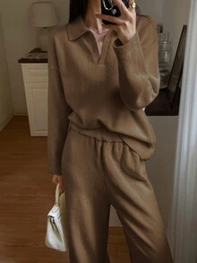 DAZY Women's Solid Color Long Sleeve Top And Pants Casual Daily Knit Two Pieces Set - Brown - View 1