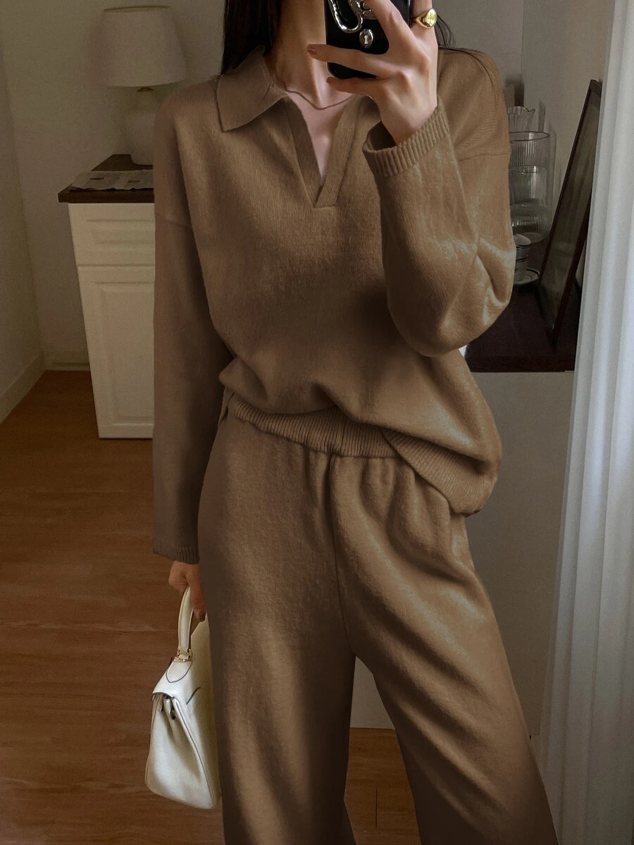 DAZY Women's Solid Color Long Sleeve Top And Pants Casual Daily Knit Two Pieces Set - Brown - View 1