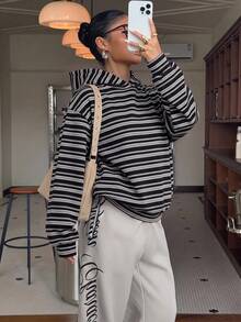 Muchica 印花連帽衛衣，適合秋冬，休閒、極簡、復古、優雅、通勤、百搭、溫暖柔和，條紋印花圖案，沙灘裝、度假裝，女款夏季穿著 - 彩色 - 查看 5