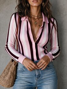 Solivie 女款秋季毛衣上衣，藍色與咖啡色條紋 Polo 領毛衣上衣，適合休閒日常穿著 - 彩色 - 查看 9