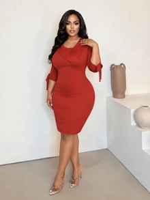 Poshavie Poshavie Plus Size Women's Elegant High-End Minimalist Dress, Stretchy Comfortable Fitted Mid-Length, Commuting, Dating Dinner Office Autumn Thanksgiving Brown - Rust Brown - View 4