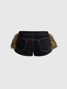 ROMWE Grunge Punk Women's Casual Daily Denim Shorts With Pocket, Button And Plush Patchwork Design - Black - View 2