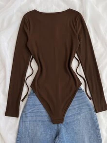 INAWLY Bodysuit dệt kim gân nhún ngực - Cà phê nâu - Xem 2