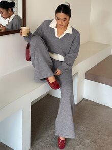 Dazy Plus Setelan Rajut Kasual dengan Sweater Pullover Pendek dan Celana Panjang Pas Badan Motif Patchwork Warna Kontras, Gaya Baru Musim Gugur/Dingin - Grey - View 3