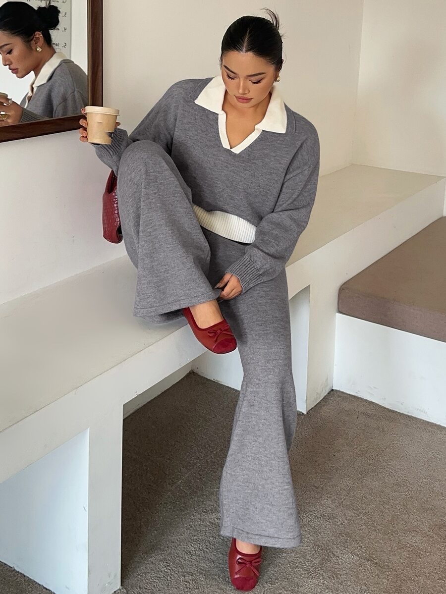 Dazy Plus Contrast Color Patchwork Short Pullover Sweater & Fitted Long Pants Casual Knit Set, Autumn/Winter New Style - Grey - View 1