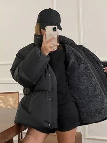DAZY Women's Minimalist Casual Solid Color Padded Coat - Black - View 6