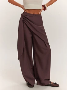 SHEIN BAE Fall Clothes For Women's Loose Solid Color Knot Asymmetric Design Casual Long Pants - Coffee Brown - View 1