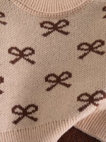 SHEIN 女童落肩蝴蝶結圖案高領毛衣與長褲兩件套 - 棕色 - 查看 6