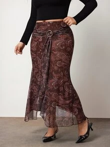 Enliva Plus-Size High-Waisted Ruffled Asymmetrical Hem Midi Skirt, Elegant And Retro Apple,Rounded Body - Multicolor - View 5