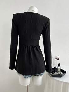 Flirla Autumn/Winter Casual Versatile Lace Deep V-Neck Long Sleeve Top - Black - View 2
