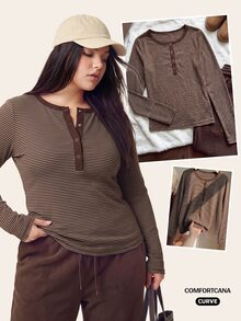 Comfortcana Plus Size Women Autumn Winter Clothing Round Neck Half Button Long Sleeve T-Shirt - Brown - View 9