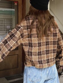 FRIFUL Women's Vintage Plaid Pocket Zipper Long Sleeve Jacket - Grey - View 6