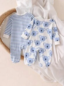 2pcs Set Newborn Long Sleeve Footed Rompers Cute Cartoon Animal Ribbed Print Baby Bodysuits Soft Ribbed Fabric Skin-Friendly Cozy All Season Crawl Suits - Multicolor - View 3