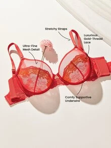 LUVLETTE Soft Woman Lingerie Sheer Full Coverage Underwire Sexy Unlined Minimizer Sequined Glam Floral  Lace Elegance & Mesh  Intimates Christmas Red Bra - Red - View 2