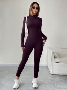 Nima Coro Autumn/Winter Zipper Long Sleeve Tight Jumpsuit Workout Casual Thermal Lined Thickened Compression Leggings Jumpsuit - Purple - View 6