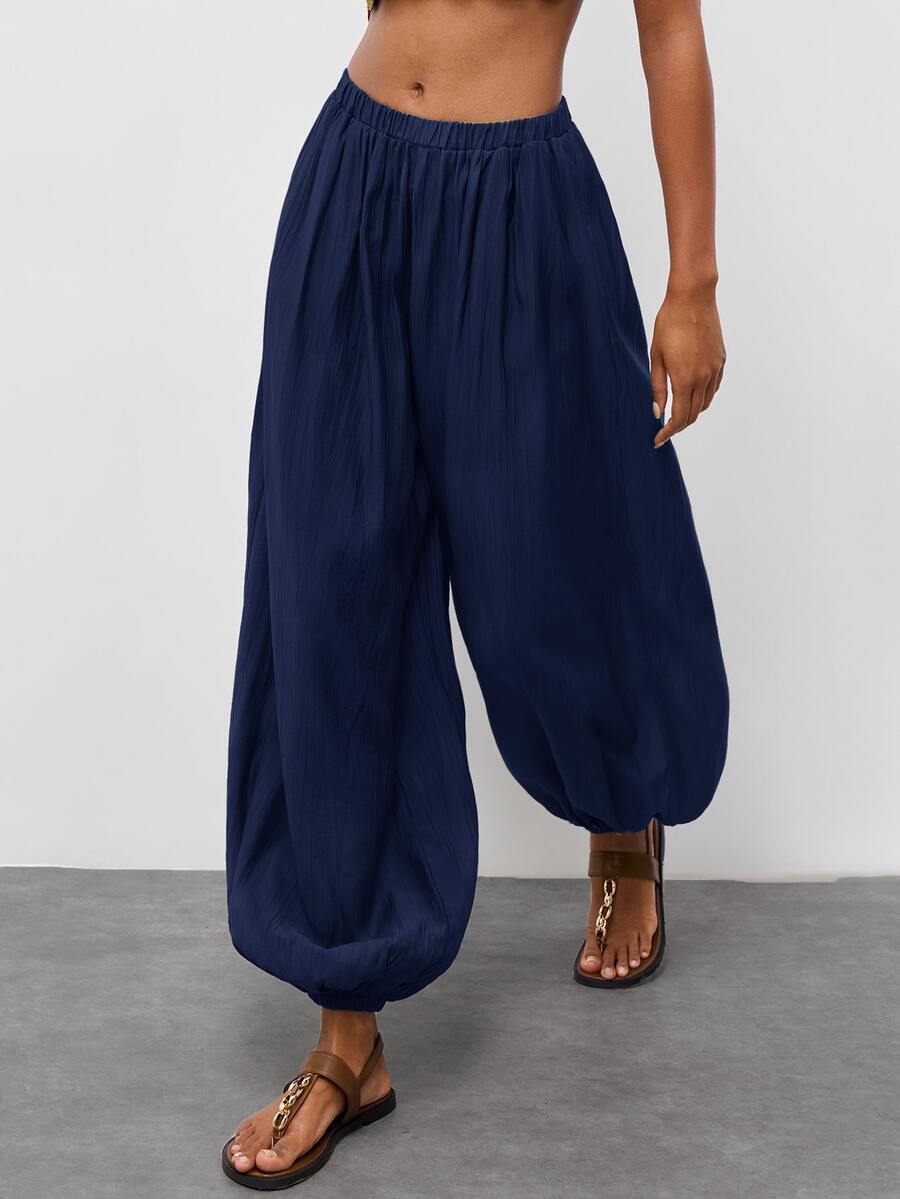 Maija Women's Solid Color Pleated Casual Boho Versatile Daily Lantern Long Pants Vacation Navy Blue - Navy Blue - View 1