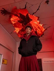 Manfinity BRENVOR 男士針織時尚日常年輕休閒寬鬆長袖連帽衫，附英文刺繡 - 黑色 - 查看 1