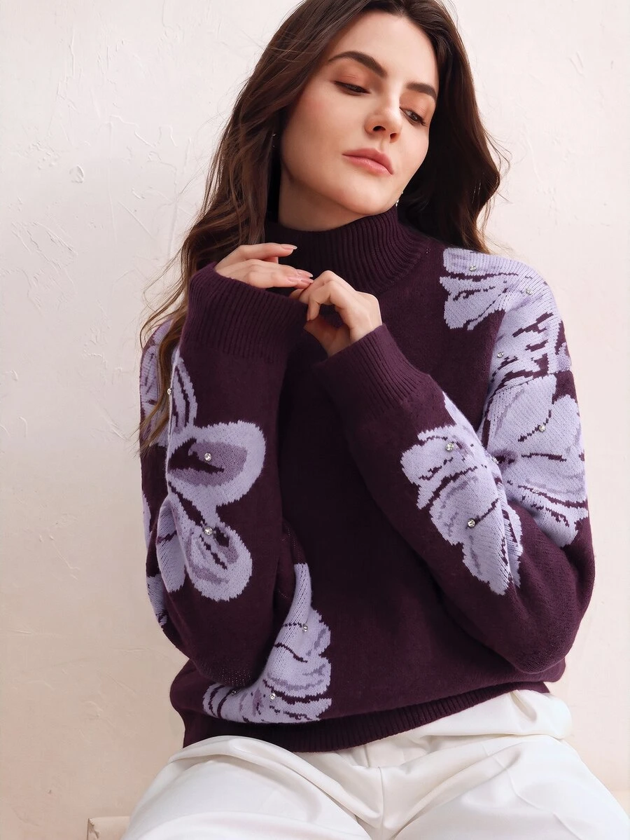 Anewsta Elegant Fashion Commuter Style Floral Rhinestone Women's Sweater - Purple - View 1