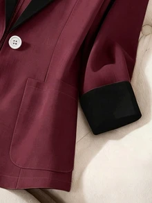 Franclia 女款夏季對比色翻領休閒通勤 3/4 袖輕量西裝外套 - 酒紅色 - 查看 7