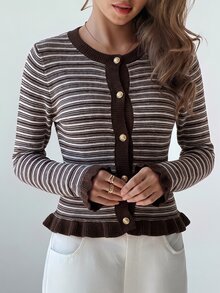 Aloruh 女款秋冬新款粉色與棕色條紋拼接圓領長袖針織開襟外套，簡約休閒優雅復古現代日常通勤慵懶街頭風毛衣 - 咖啡棕 - 查看 3