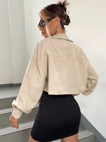 SHEIN EZwear Spring Outfits Drop Shoulder Flap Detail Crop Corduroy Jacket In Fall/Winter - Apricot - View 2