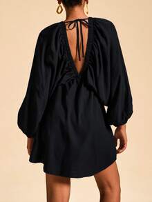 Travachic Women's Pattern Print High Waist Long Sleeve Mini Dress - Black - View 2