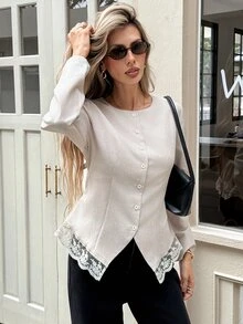 Serisse Women's Round Neck Long Sleeve Lace Patchwork Hem Back Tie Waist Versatile Jacket,Fall/Winter Elegant Formal Luxury Business Chic All-Match - Multicolor - View 5