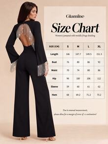 SHEIN Glamour Women's Black One-Piece Jumpsuit, Open Back Copper Chain Fringe, Fashionable & Minimalist - Black - View 7